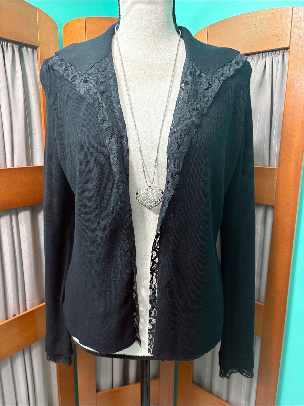 J. Jill Black Open-Front Cardigan with Lace Trim